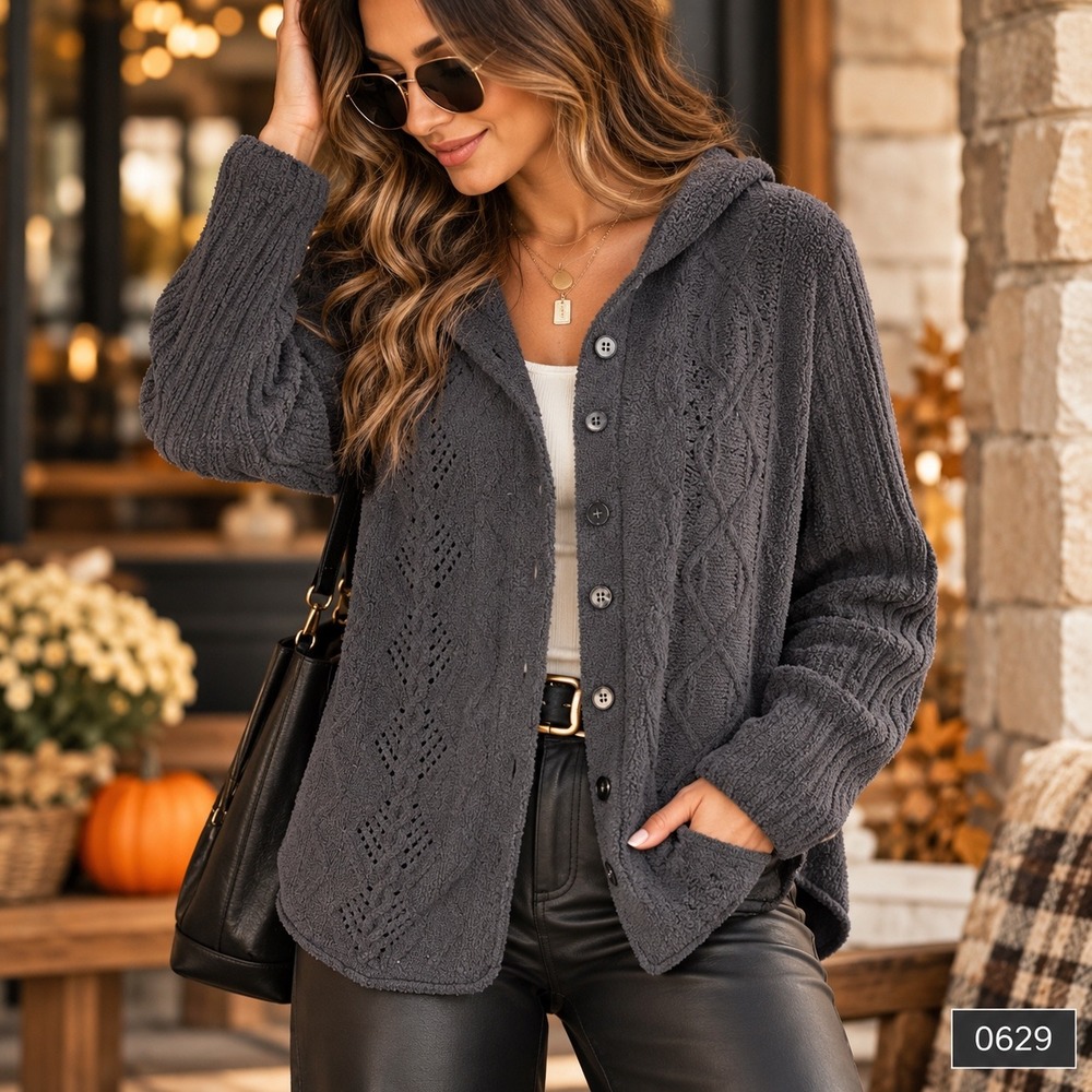 J. Jill Hooded Cardigan Sweater Women Medium Gray Cable Pointelle Knit 0629
